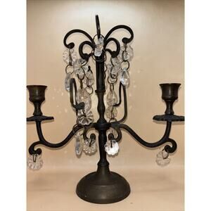 Vintage Metal 2 Arm Candelabra with Floral & Teardrop Crystals Boho